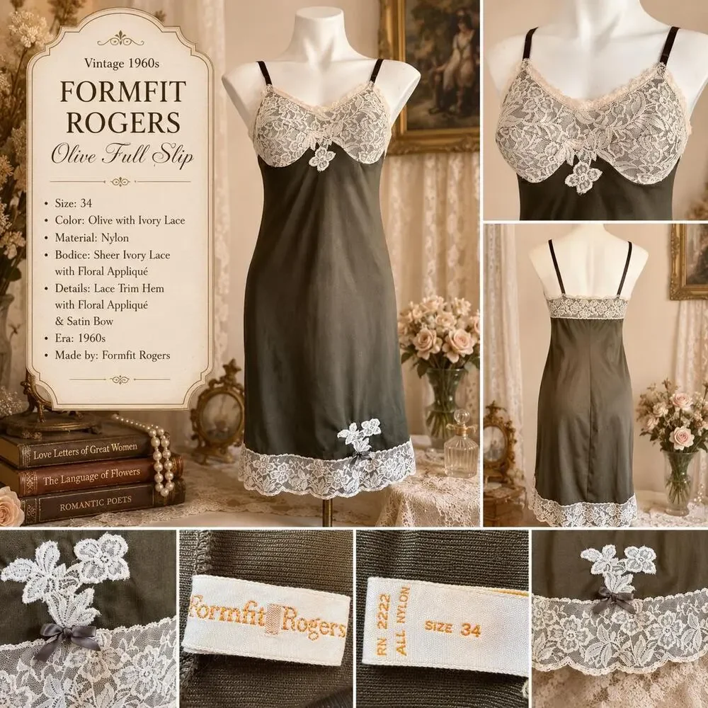 Vintage 60s Formfit Rogers Olive Full Slip Lace Bodice Floral Appliqué Sz 34